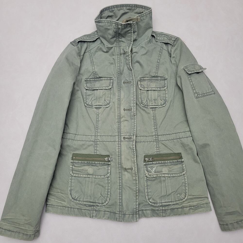 Y2K American Eagle Outfitters Womens Military Utility Cargo Jacket in Olive Med